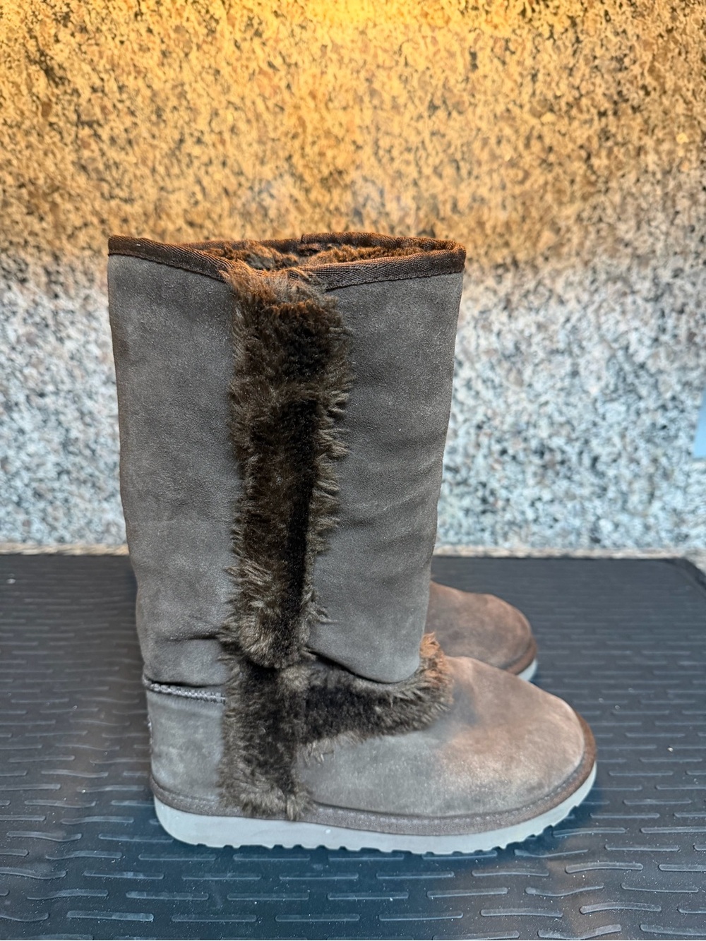 UGG Tall Suede Winter Boots with Faux Fur Trim - Brown - Picture 2 of 5